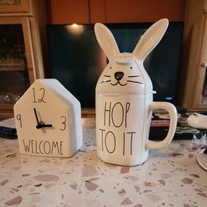 Rae Dunn clock and brand new rabbit mug with ears